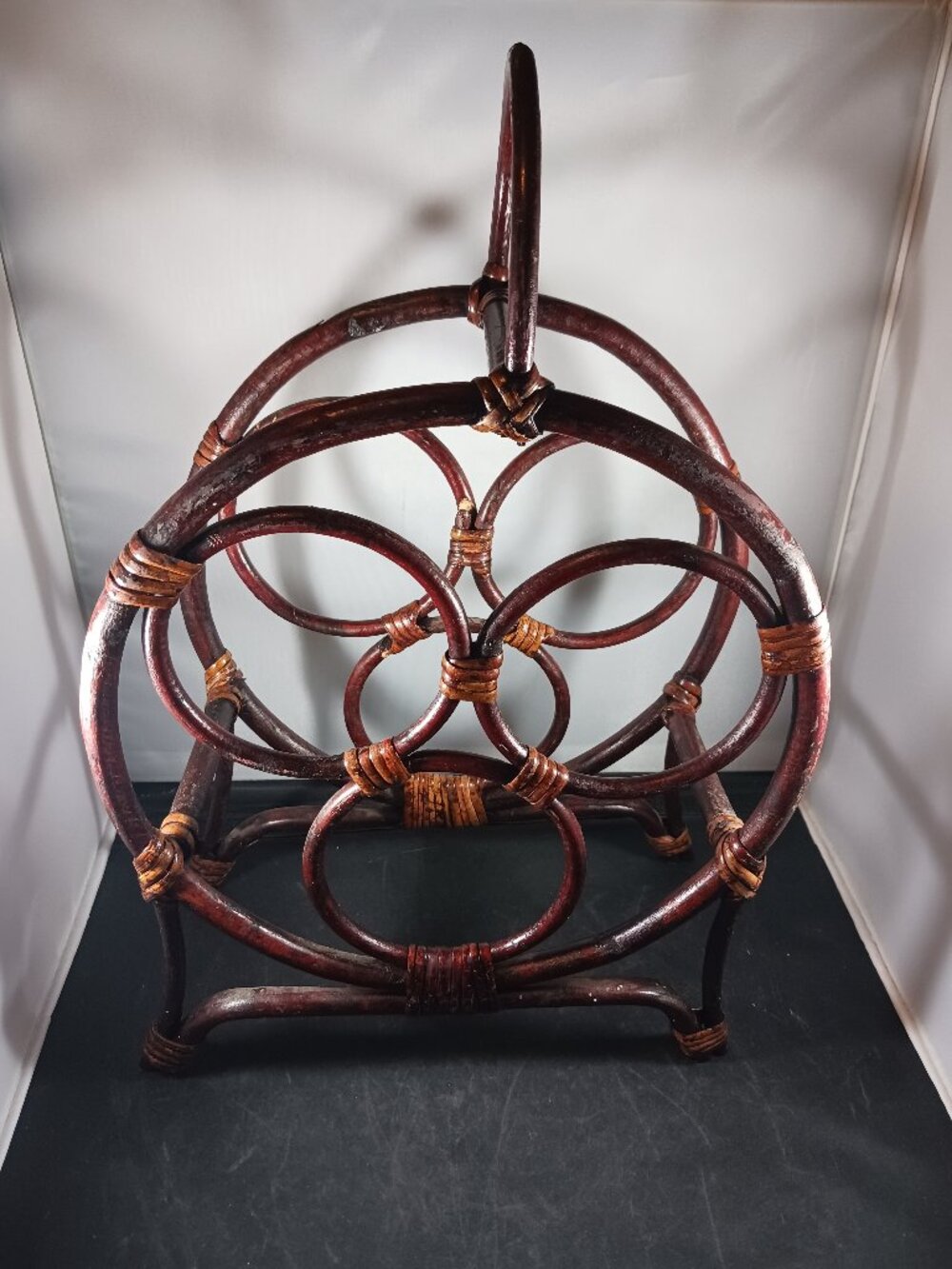 Vintage MCM Rattan Bamboo Wine Rack Holder Circle Round 3 Holders